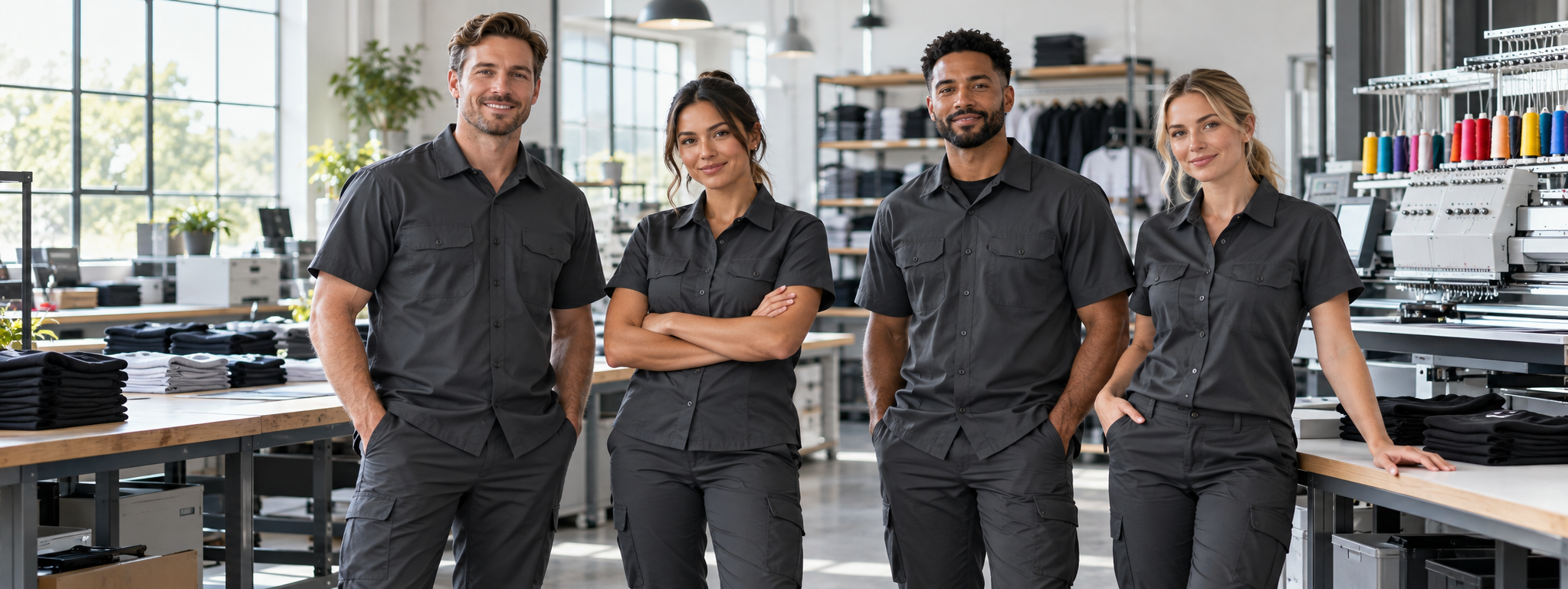 Team wearing custom uniforms in a workshop